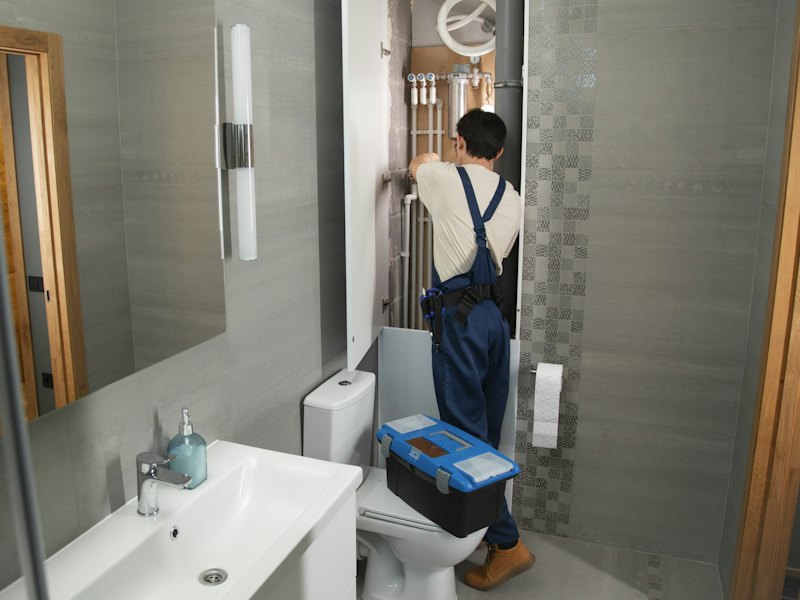 Plumber repairing bathroom plumbing